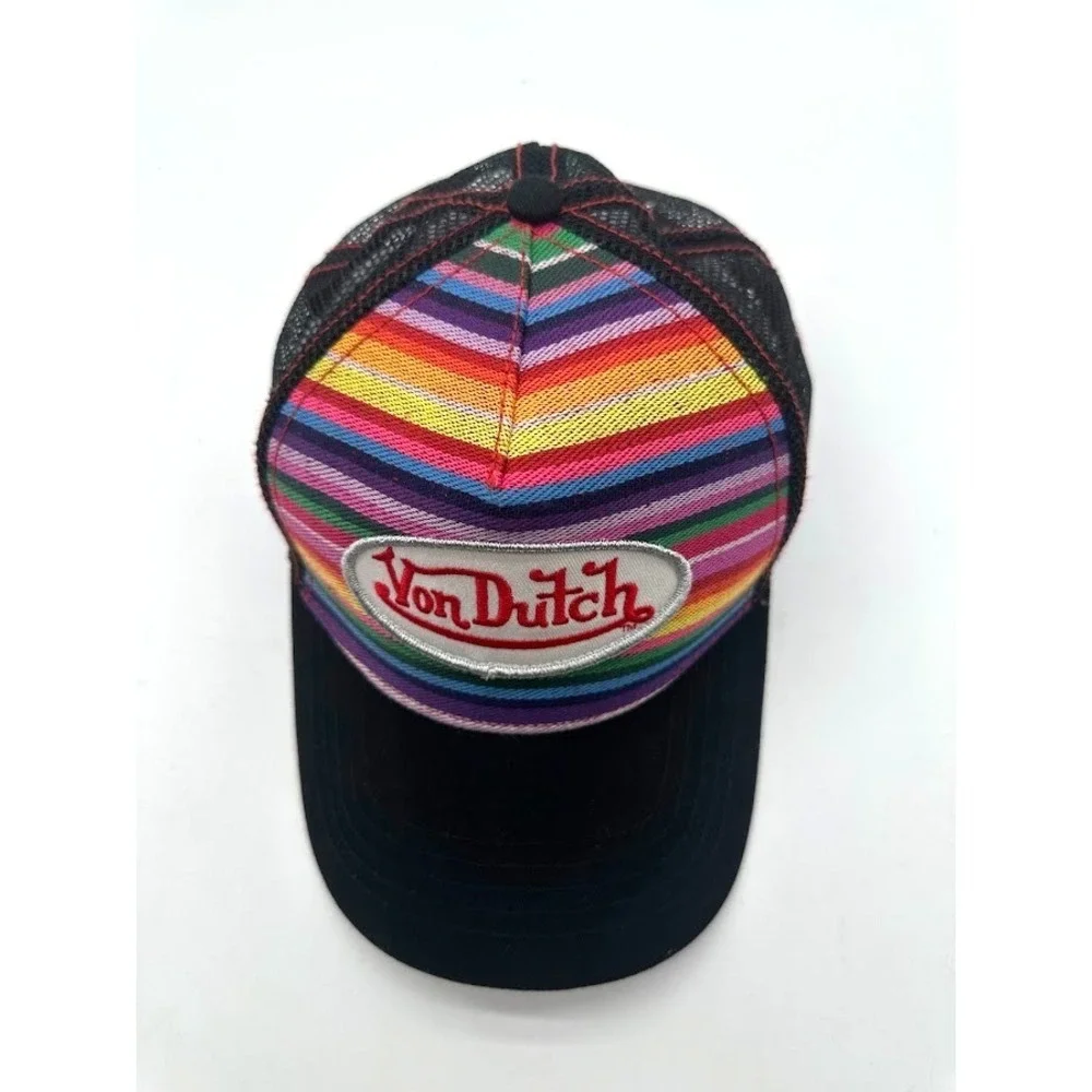 Von Dutch Rainbow Striped Trucker Hat Black Mesh Snapback One Size Unisex USA